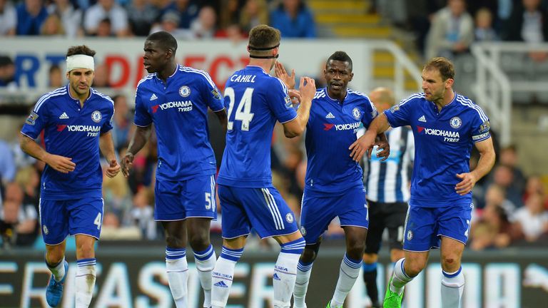 Ramires of Chelsea celebrates scoring his team's first goal with his team mates during the Barclays Premier League match at Newcastle