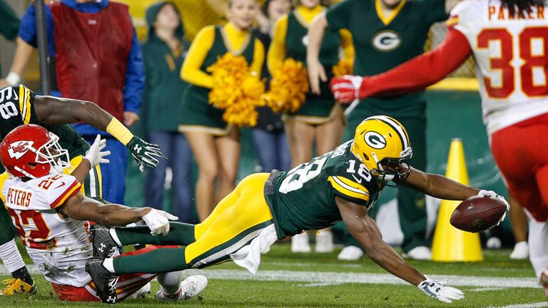 Randall Cobb #18 of the Green Bay Packers scores a touchdown in the second half of the game against the Kansas City Chiefs 