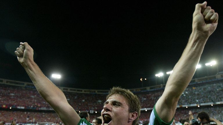 Real Betis player Joaquin Sanchez celebrates victory after winning the 2005 Copa del Rey final against Osasuna in Madrid