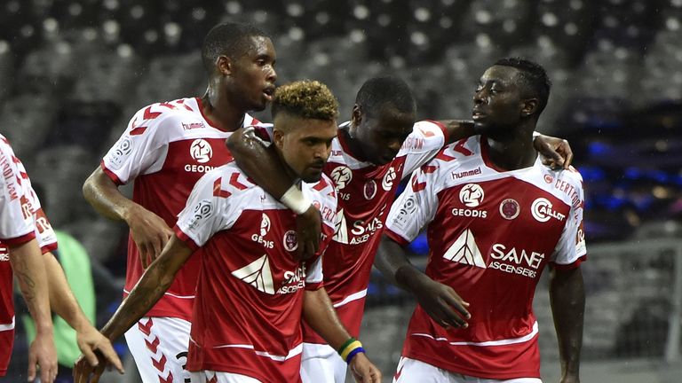 Frederic Bulot (second from left) scored Reims' equaliser against Toulouse