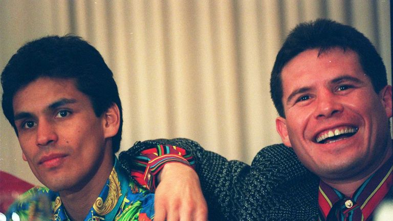 9 MAR 1994:  JULIO CESAR CHAVEZ JOKES WITH FELLOW MEXICAN RICARDO LOPEZ DURING A PRESS CONFERENCE ANNOUNCING A REMATCH BETWEEN CHAVEZ AND FRANKIE RANDALL F