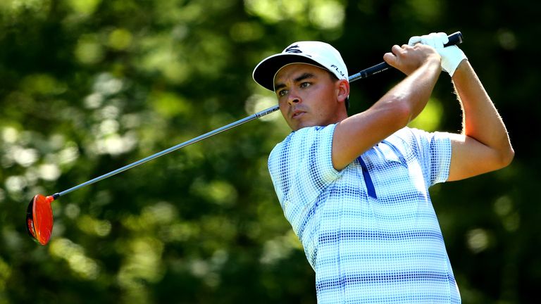 Rickie Fowler watches his tee shot from on the fifth hole during round three of the Deutsche Bank Championship at TPC Boston