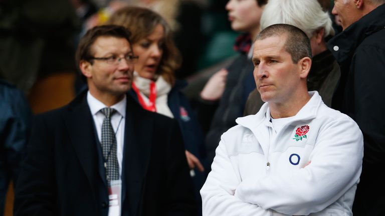 England head coach Stuart Lancaster (R) looks on with Professional Rugby Director Rob Andrew during the Six Nations