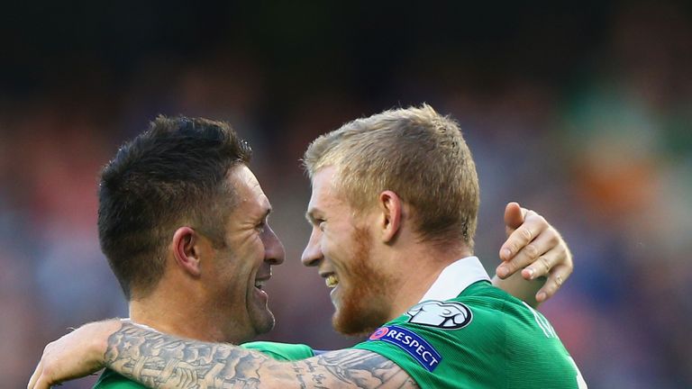 DUBLIN, IRELAND - OCTOBER 11:  Captain Robbie Keane of Republic of Ireland congratulates James McClean of Republic of Ireland  on scoring their fourth goal
