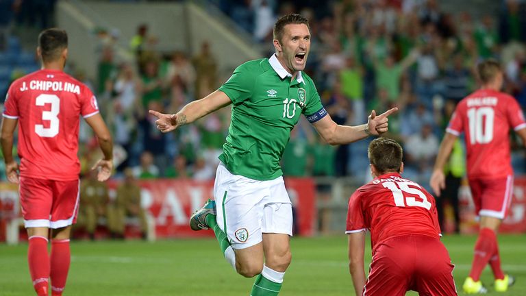 Republic of Ireland's Robbie Keane celebrates scoring his sides second goal of the match during the UEFA European Championship Qualifying match at the Esta