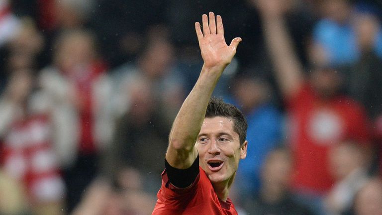 Bayern Munich's Polish striker Robert Lewandowski celebrates after his fifth goal