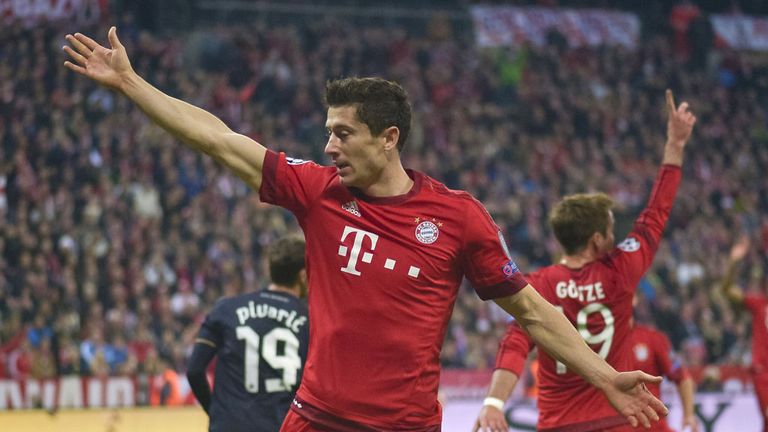 Bayern Munich's Polnish striker Robert Lewandowski celebarets after his second goal during the Group F, first-