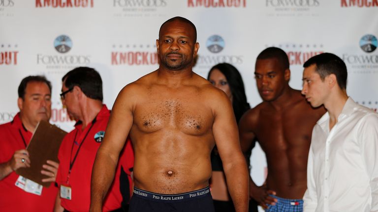 MASHANTUCKET, CT - AUGUST 15: Roy Jones Jr. poses during the weigh in for his fight against Eric Watkins