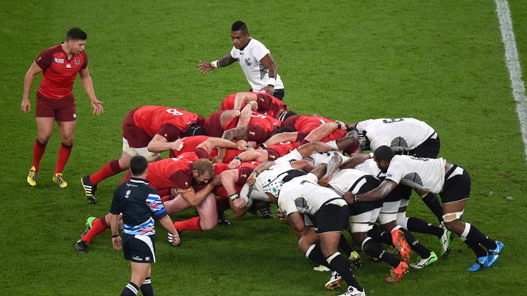 England and Fiji Players compete in a scrum