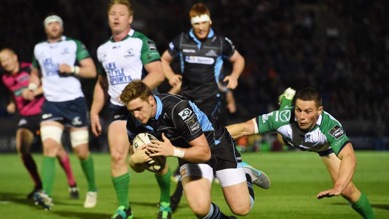 Glasgow Warriors full-back Glenn Bryce scores the opening try against Connacht