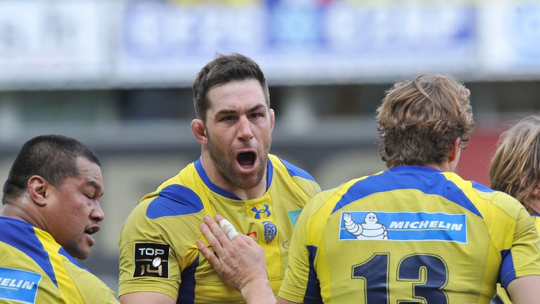 Clermont's Canadian lock Jamie Cudmore celebrates after scoring a try against Montpellier last season