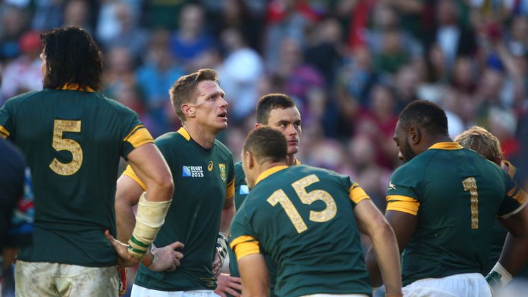 South Africa captain Jean De Villiers looks stunned following their defeat to Japan