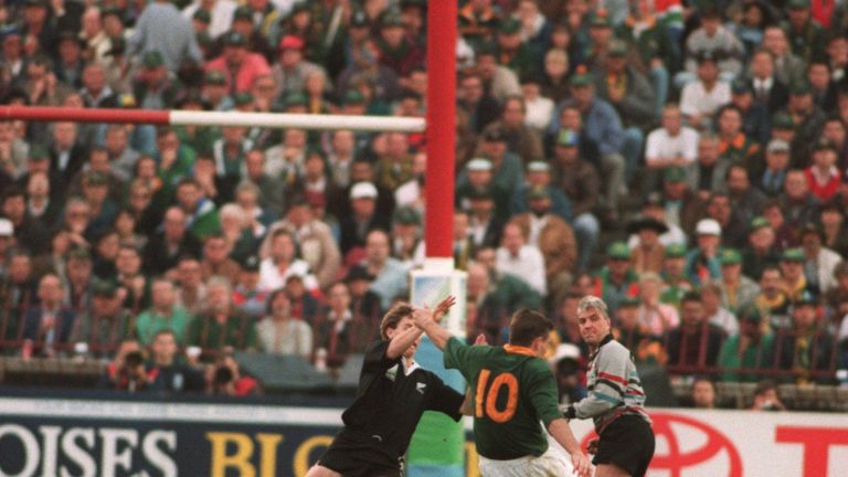 South Africa fly-half Joel Stransky kicks the winning drop goal in the 1995 World Cup final win over New Zealand