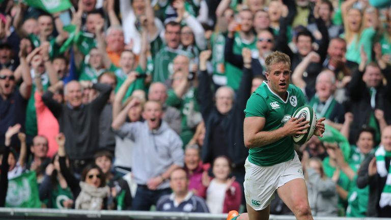 Ireland’s Luke Fitzgerald scores his side's fourth try of the game during their World Cup warm-up against Scotland