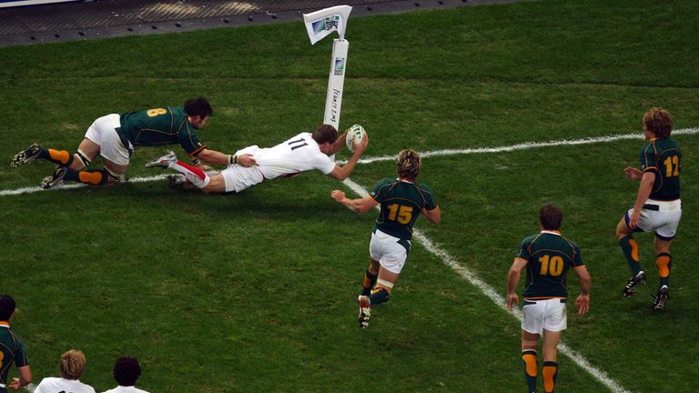 England wing Mark Cueto dives for the line only for the try to be disallowed during the 2007 Rugby World Cup final against South Africa