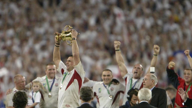 England captain Martin Johnson hoists the Webb Ellis Cup after the 2003 Rugby World Cup final