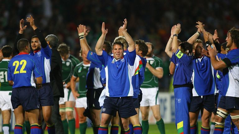 The Namibian players applaud the crowd at the end of their game with Ireland at the 2007 World Cup
