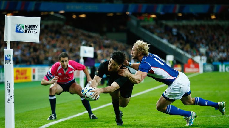 Nehe Milner-Skudder dives over to score his second try against Namibia