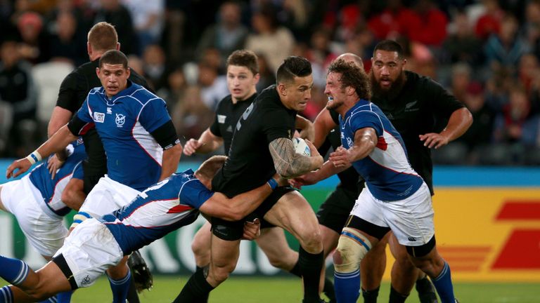 New Zealand centre Sonny Bill Williams makes a break against Namibia