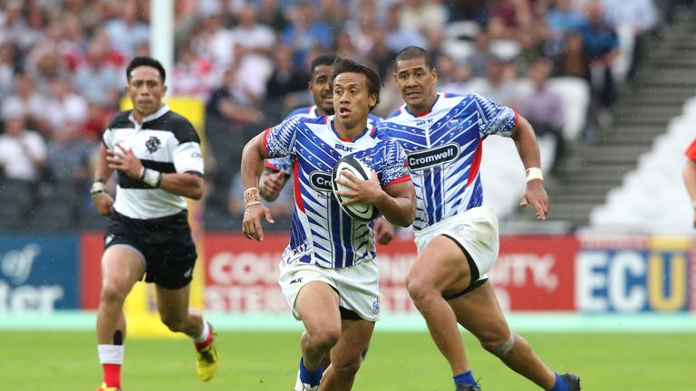 Samoa's Tim Nanai-Williams breaks with the ball during their defeat to the Barbarians at the Olympic Stadium