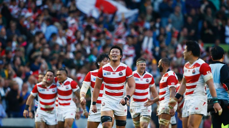 Japan players react to their shock victory over South Africa