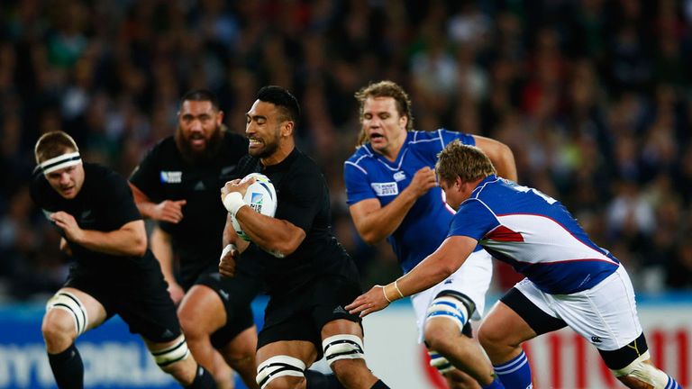 Victor Vito of the New Zealand All Blacks charges upfield