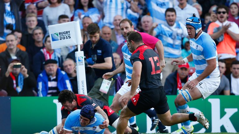 GLOUCESTER, ENGLAND - SEPTEMBER 25: Tomas Lavanini of Argentina scores the opening try during the 2015 Rugby World Cup Pool C match between Argentina and G