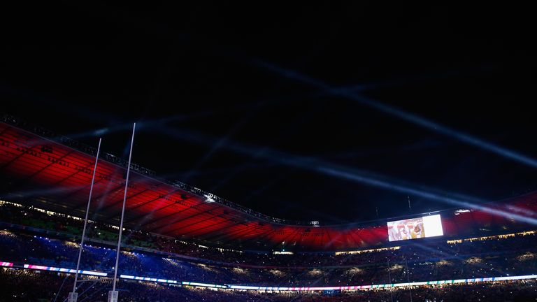 LONDON, ENGLAND - SEPTEMBER 26:  A general view as the teams are presented during the 2015 Rugby World Cup Pool A match between England and Wales at Twicke