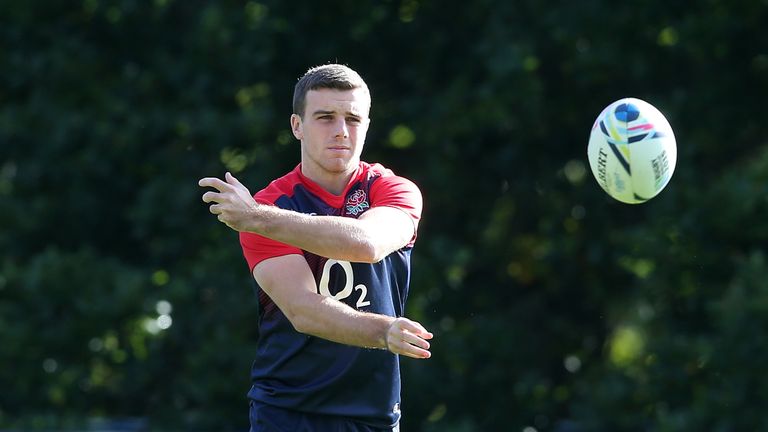 BAGSHOT, ENGLAND - SEPTEMBER 24:  George Ford passes the ball during the England training session at Pennyhill Park on September 24, 2015 in Bagshot, Engla