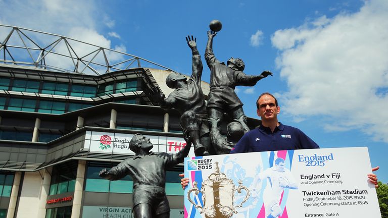 Rugby World Cup 2003 winning captain, Martin Johnson, shows off the ticket design for the Rugby World Cup 2015 at Twickenham St