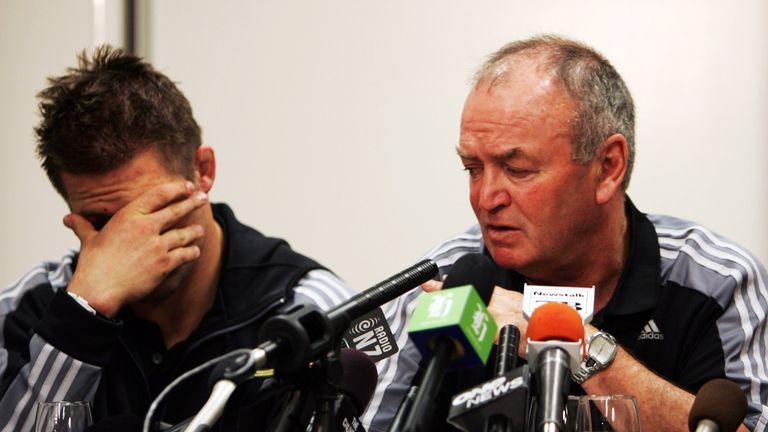 All Blacks captain Richie McCaw and All Blacks coach Graham Henry front the media at a press conference after