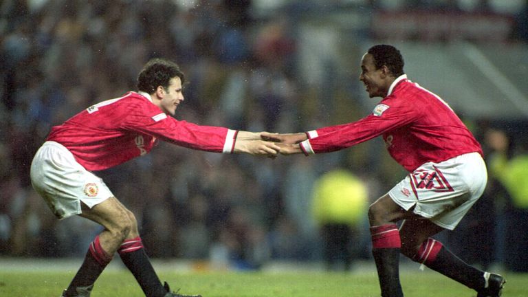 27 APR 1994:  Ryan Giggs and Paul Ince celebrate after a goal for Manchester United
