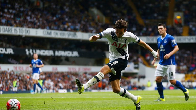 LONDON, ENGLAND - AUGUST 29: Ryan Mason of Tottenham Hotspur shoots at goal during the Barclays Premier League match between Tottenham Hotspur and Everton 