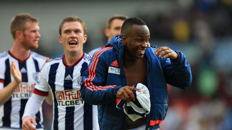 Saido Berahino celebrates after throwing his shirt into the crowd after he hit the winner for West Brom at Aston Villa