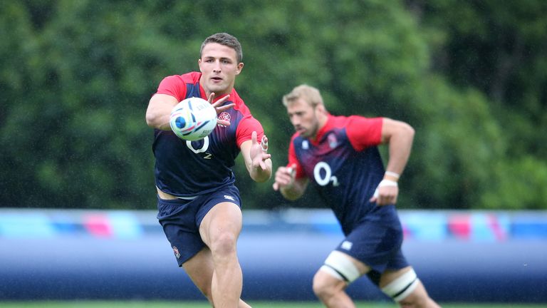 Sam Burgess focuses on the ball during an England training session at Pennyhill Park on Monday, September 14, 2015, in Bagshot.