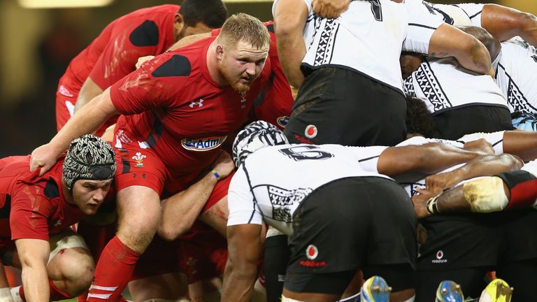 Samson Lee of Wales faces up to the Fiji scrum