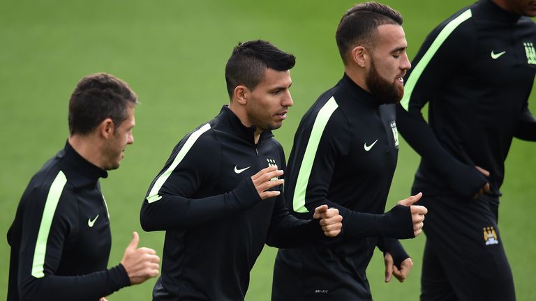 Sergio Aguero training ahead of Manchester City's Champions League clash at Borussia Monchengladbach