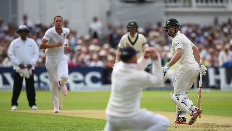 NOTTINGHAM, ENGLAND - AUGUST 06:  Stuart Broad of England celebrates the wicket of Shaun Marsh of Australia during day one of the 4th Investec Ashes Test