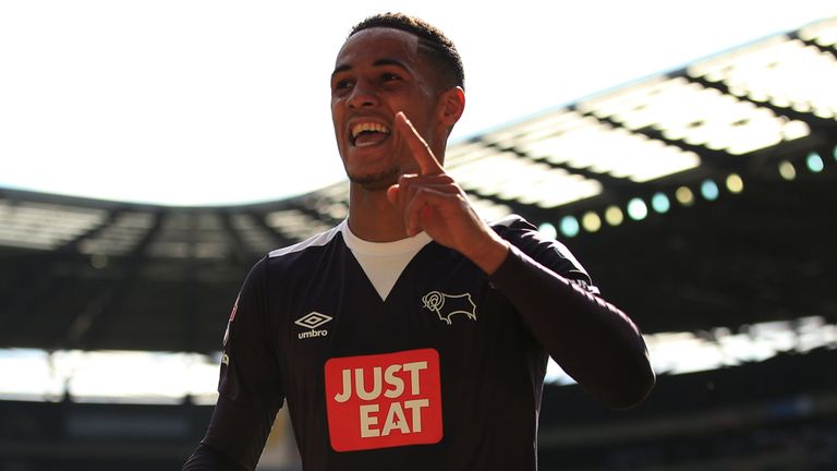 Tom Ince celebrates Derby's third goal