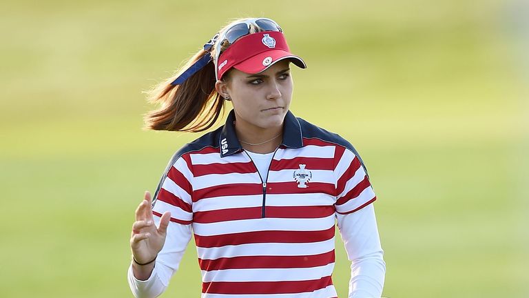 Lexi Thompson of the United States Team reacts during the morning foursomes on day one of the Solheim Cup 2015