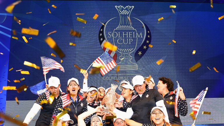 Team USA celebrate after winning The Solheim Cup at St Leon-Rot Golf Club on September 20, 2015 
