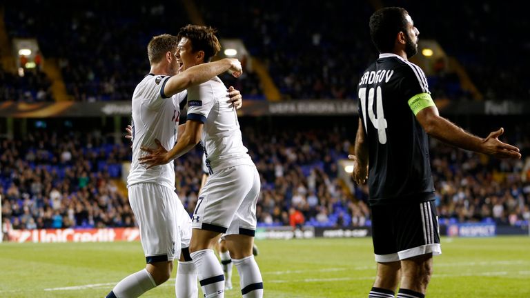 Tottenham Hotspur's Son Heung-Min celebrates scoring his side's first goal of the game during the UEFA Europa League match at White Hart Lane, London.