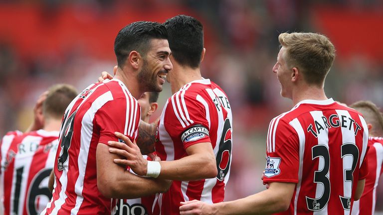 SOUTHAMPTON, ENGLAND - AUGUST 30:  Graziano Pelle of Southampton celebrates scoring the first goal for Southampton during the Barclays Premier League match