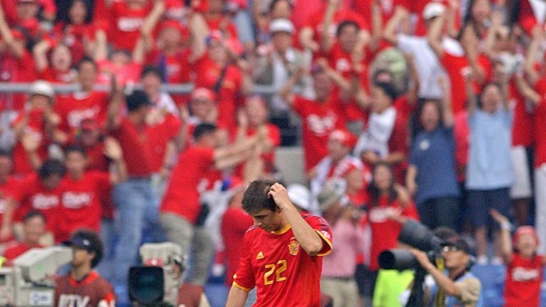 Joaquin Sanchez looks dejected after Spain lost their quarter-final match against South Korea at the 2002 World Cup