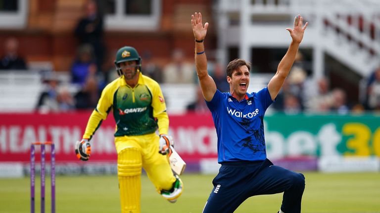 Steven Finn appeals successfully for the wicket of Glenn Maxwell