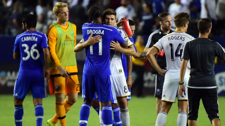 Former English Premier League stars from Liverpool and Chelsea, Steven Gerrard and Didier Drogba, now of the LA Galaxy and Montreal Impact