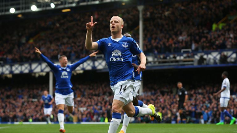 Steven Naismith of Everton celebrates scoring the opening goal during the Barclays Premier League match between Everton and Chelsea