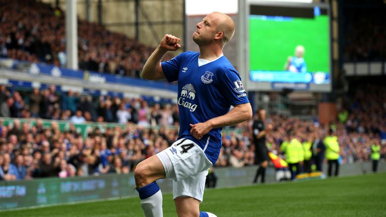 Steven Naismith of Everton celebrates scoring the opening goal during the Barclays Premier League match between Everton and Chelsea