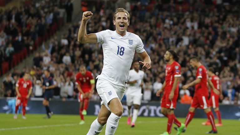 England's Harry Kane celebrates scoring during the Euro 2016 qualifying group E football match between England and Switzerland