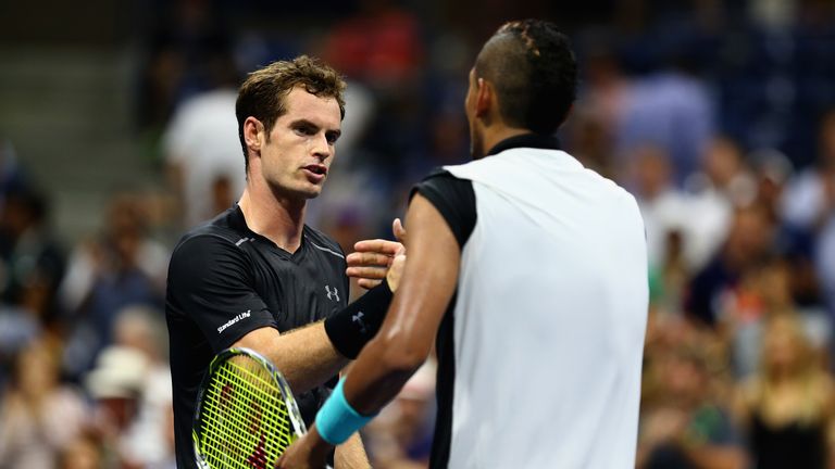 Andy Murray shakes hands at the net after his four set victory against Nick Kyrgios at the US Open